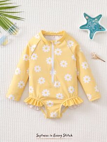 Cozy Pixies Baby Girl Floral Print Long Sleeve Zipper Swimsuit For Beach Vacation - Mustard Yellow - View 7