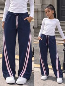 青少年女孩條紋拼接抽繩腰口袋運動長褲 - 棕色 - 查看 1