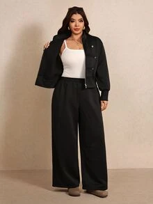 Elaquor Bộ 2 món áo khoác tay dài và quần màu trơn phong cách thường ngày cho nữ size lớn - màu đen - Xem 8
