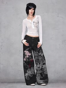 ROMWE Grunge Punk 女款新中式風格鶴與花卉印花超寬鬆牛仔褲 - 黑色 - 查看 7