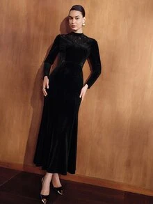 MOTF PREMIUM WOMEN'S SOLID COLOR CONTRAST LACE LONG SLEEVE ELEGANT DRESS - Black - View 3