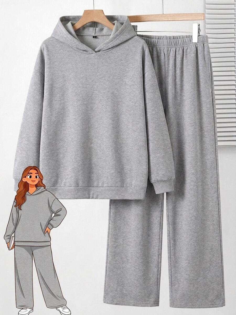 Rosumi Plus Size Women Solid Color Long Sleeve Hoodie And Sweatpants Casual 2 Pieces Set - Light Grey - View 1