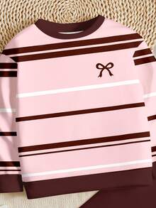 Young Girl Casual Minimalist Retro Style, Striped Bow, Maillard Color Palette, Round Neck Fleece Sweatshirt And Elastic Waist Long Pants Set, Suitable For Autumn/Winter, New Fall Styles, Fall Sets, Pull, Going Out - Multicolor - View 4