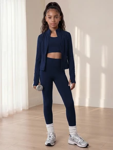 SHEIN Tween Girls 3pcs Set, Black Outfit, Sports Modest Athletic Jacket + Tank Top + Leggings, Autumn, High Stretch Fabric, Gym Active - Navy Blue - View 8