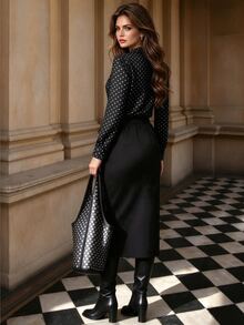 Pariaura Women's Elegant Polka Dot Print Top And Front Slit Skirt 2 Pieces Set - Black - View 2