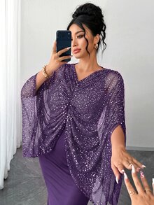Elenzga 大尺碼女款優雅針織黑色網紗銀箔百褶披肩式修身緊身洋裝 - 紫色 - 查看 8