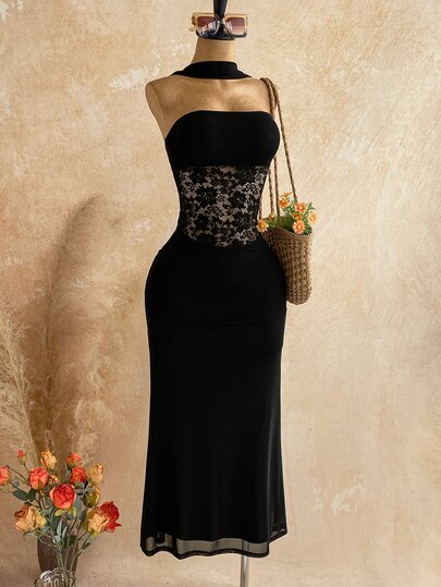 Ure Wave Women's Elegant Sexy Vacation Party Holiday Mesh Backless Spaghetti Strap Lace Patchwork Black Signal Field Spaghetti Strap Long Dress (Includes Safety Shorts Lining), Elegant Party Dress, Nightclub Dress, Christmas Dress, New Year Outfit, Beachwear, Nightclub Outfit, Women's Holiday Clothing