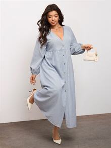 Enliva Plus Size Striped Cotton Blend Button Front Long Sleeve Dress Compatible With Apple Body Round Body - Black and White - View 3