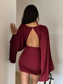 Aloruh 女款秋冬上鬆下緊喇叭袖露背迷你洋裝 - 酒紅色 - 查看 8