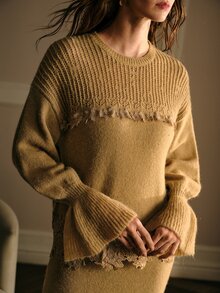MOTF PREMIUM WOMEN'S ROUND NECK DROP SHOULDER LONG SLEEVE CONTRAST LACE SWEATER AND KNIT SKIRT ELEGANT SET - Apricot - View 1