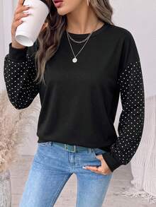 SHEIN LUNE Women's Polka Dot Patchwork Casual Daily Long Sleeve Sweatshirt - White - View 6