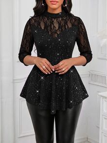 SHEIN Lady Women's Contrast Lace 3/4 Sleeve Shiny Fashion Elegant Top - Black and Gold - View 4