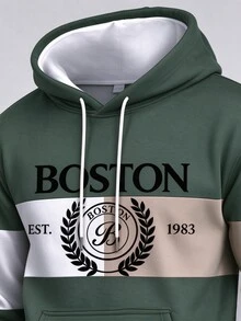 Manfinity Homme 男士 Boston 圖案拼色連帽衛衣與慢跑褲套裝，寬鬆版型聚酯纖維運動套裝，秋冬街頭風 - 彩色 - 查看 4