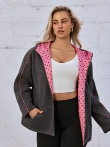 Voyena Plus Size Women's Grey & Pink Hooded Sweatshirt Jacket, Zipper Pocket Sweatshirt, Polka Dot Print Sweatshirt Winter - Grey - View 5