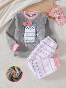 SHEIN Genkimix Kids 女童 2 件組冬季睡衣套裝，紅色企鵝刺繡毛絨上衣與 Fair Isle 針織圖案長褲，珊瑚絨家居服，秋季仙女家庭套裝 - 灰色 - 查看 4