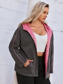 Voyena Plus Size Women's Grey & Pink Hooded Sweatshirt Jacket, Zipper Pocket Sweatshirt, Polka Dot Print Sweatshirt Winter - Grey - View 3
