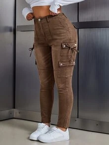SHEIN ICON 大尺碼女款口袋鈕扣打結休閒百搭日常牛仔褲 - 棕色 - 查看 1