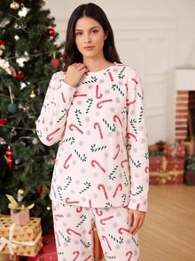 Doze Lane Christmas Fleece Print Long Sleeve Pants Women's Pajama Set - White - View 4