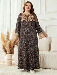 Lacomfia Đầm dự tiệc thường ngày nữ size lớn họa tiết da báo phối ren - màu nâu - Xem 7