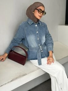 DAZY Women's Raglan Sleeve Single-Breasted Casual Denim Jacket - Blue - View 6