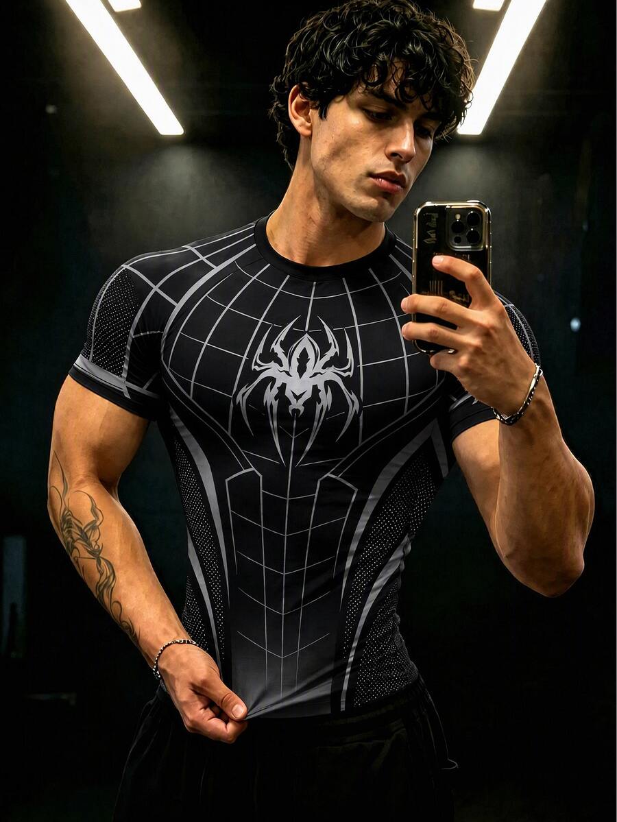 GymBeat Men's Spider Print Raglan Short Sleeve Sports Athletic Athleisure T-Shirt Halloween Workout Gym Black Summer - Multicolor - View 1