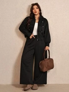 Elaquor Bộ 2 món áo khoác tay dài và quần màu trơn phong cách thường ngày cho nữ size lớn - màu đen - Xem 6