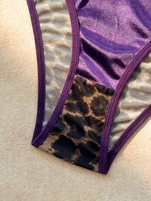 Bare Chapter Plus Size Classic Sexy Leopard Print Wild Contrast Color Satin & Mesh Top + Panties 4-Piece Set - Multicolor - View 5