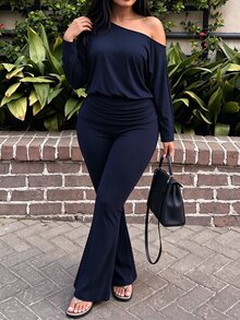 Easura Plus Size Women's Ruched Waist Cinched Waist Loose Top Tight Bottom Asymmetrical Hem Casual Commute Daily Outfit Set - Navy Blue - View 5