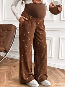 Boho Mama Elegant Embroidered Pocket Loose Pants For Pregnant Women - Coffee Brown - View 4