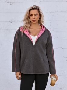 Voyena Plus Size Women's Grey & Pink Hooded Sweatshirt Jacket, Zipper Pocket Sweatshirt, Polka Dot Print Sweatshirt Winter - Grey - View 6