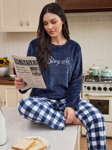 Doze Lane Autumn/Winter Flannel Pajama Set With Letter Embroidery And Plaid Pattern, Plus Size - Navy Blue - View 1
