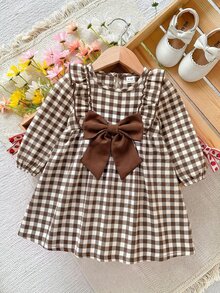 SHEIN Baby Girl Casual Comfortable Everyday Versatile Brown Plaid Bow Long Sleeve Dress - Brown - View 10