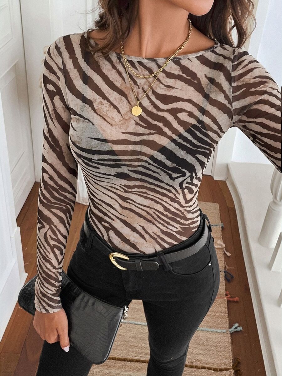 Travachic Plus Size Women's Zebra Print Casual Versatile Daily Wear Long Sleeve Top - Multicolor - View 1