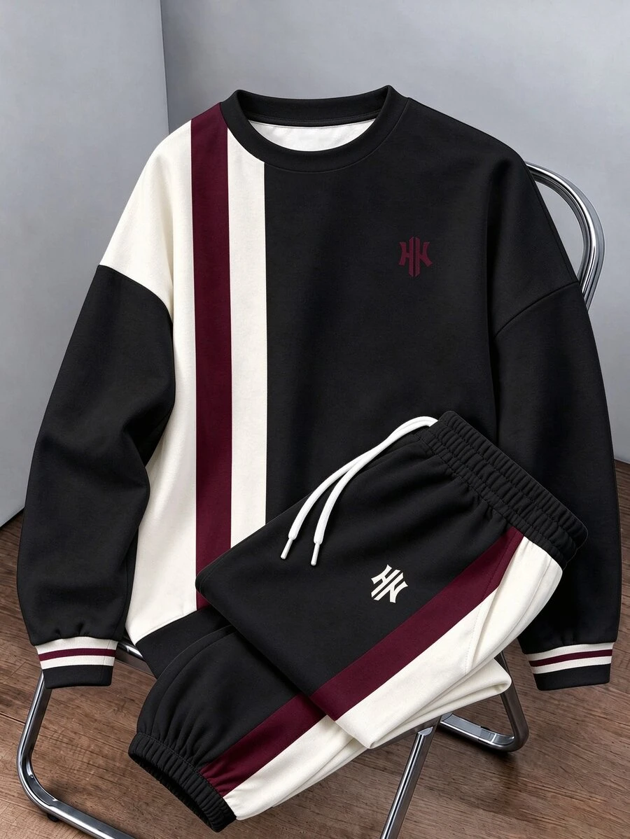 OlaRiff Men's Loose Fit Slightly Dropped Shoulder Pullover Sweatshirt Set, Black Colorblock Design, Suitable For Casual Wear, Outdoor Sports, College Style, Gift For Friends - Multicolor - View 1