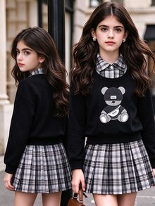 SHEIN 青少年女孩秋季上衣2件套 T恤套裝，復古、寬鬆、針織、休閒、秋季、假日穿搭、舒適 - 黑色 - 查看 3