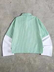 ROMWE MEN Street Life Herrskjorta i casual stil med broderade bokstäver och rutmönster, 2-i-1 - Grön - Visa 2