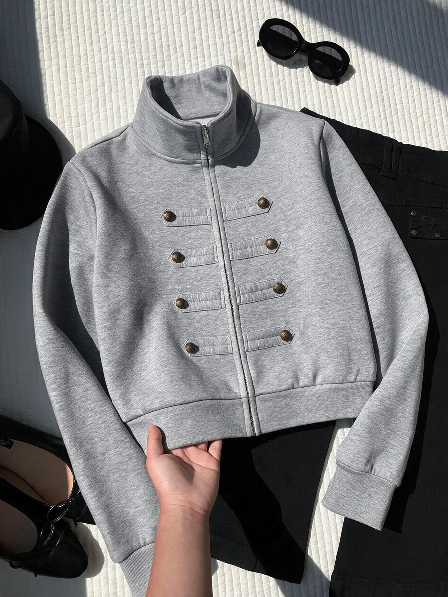 SHEIN BASICS Plus Size Women's Solid Color Stand Collar Double-Breasted Casual Versatile Everyday Sweatshirt - Grey - View 1