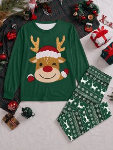 SHEIN Men's Solid Color Crew Neck Long Sleeve Casual Loungewear Set - Green - View 2