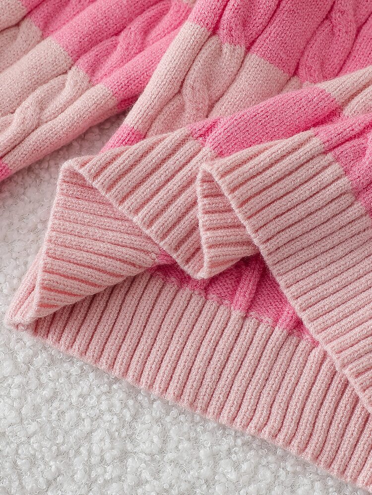 1pc Girls Classic Cable Knit Pullover Sweater,Pastel Pink Winter Back-To-School School Girl V-Neck Slim Fit Long Sleeve Top With Horse Embroidery - Pink - View 8