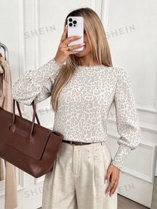 SHEIN LUNE 女款豹紋圓領長袖休閒T恤 - 彩色 - 查看 6