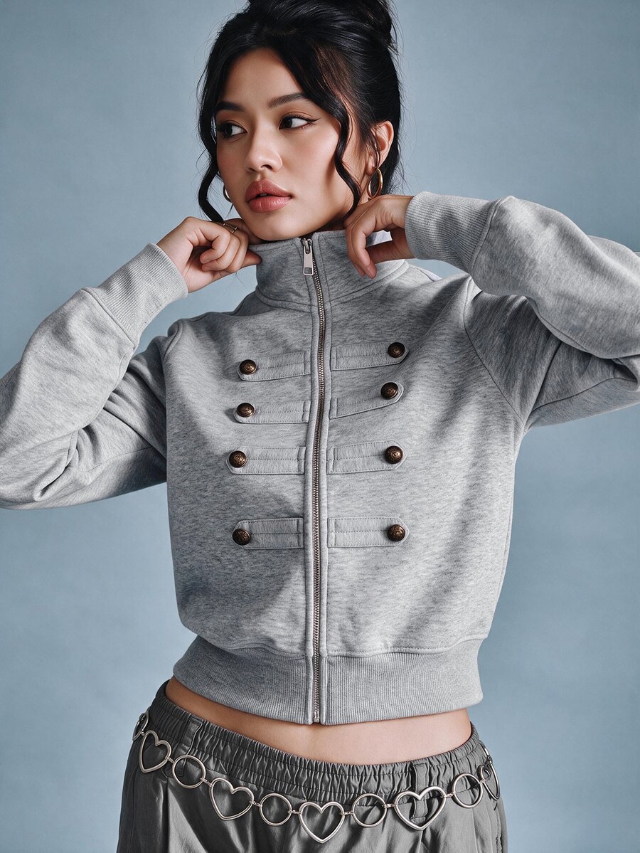 SHEIN BASICS بلوزة رياضية نسائية بمقاس كبير بلون موحد وياقة قائمة وأزرار مزدوجة كاجوال متعددة الاستخدامات للاستخدام اليومي - رمادي - مشاهدة 1