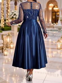 Fleurora Plus Size Women's Patchwork Sequin Mesh Round Neck Long Sleeve Elegant Dress - Navy Blue - View 3