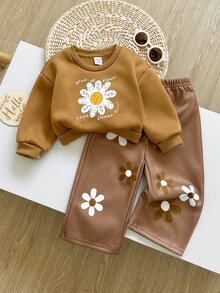SHEIN 女嬰可愛秋冬休閒花卉圖案運動衫與長褲套裝 - 棕色 - 查看 3