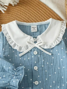 SHEIN 1pc Toddler Baby Girls Peter Pan Collar Blouse Sweet Blue Polka Dot Print Bow Ruffle Long Sleeve Round Neck Regular Party Spring Holiday Tops - Baby Blue - View 4