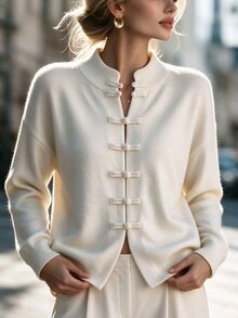 Linhara CURVE Plus Size Women Solid Color Dropped Shoulder Long Sleeve Frog Button Placket Casual Knit Cardigan - Beige - View 7