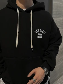 DAZY Autumn/Winter Thermal Lined Black Hooded Sweatshirt Set With Letter Print On Chest And Back For Men - Black - View 9