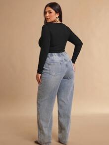 SHEIN BAE Plus Size Women's Black Knitted Square Neck Long Sleeve Fitted Bodysuit,Suitable For Autumn/Winter Bodysuit, Black Winter,Ribbed Fabric,Fall - Black - View 5