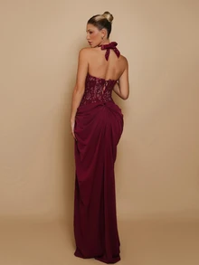 Glamrae Elegant Luxurious Red Halter Neck Bustier With Fishbone Boning, Romantic Lace Patchwork Satin Ruched Split Back Tie Mermaid Dress For Wedding, Party, Bachelorette, Vacation, Ball, Evening Gala - Burgundy - View 3
