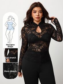 Enliva Plus Size Women's Black Long-Sleeved Top With Stand Collar And Lace Hourglass - Black - View 3