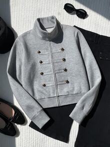 SHEIN BASICS بلوزة رياضية نسائية بمقاس كبير بلون موحد وياقة قائمة وأزرار مزدوجة كاجوال متعددة الاستخدامات للاستخدام اليومي - رمادي - مشاهدة 5